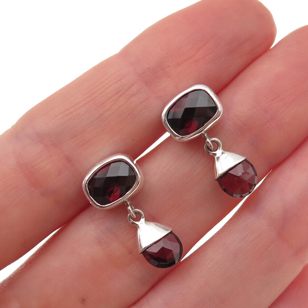 Acleoni 925 Sterling Silver Vintage Real Red Garnet Dangle Earrings